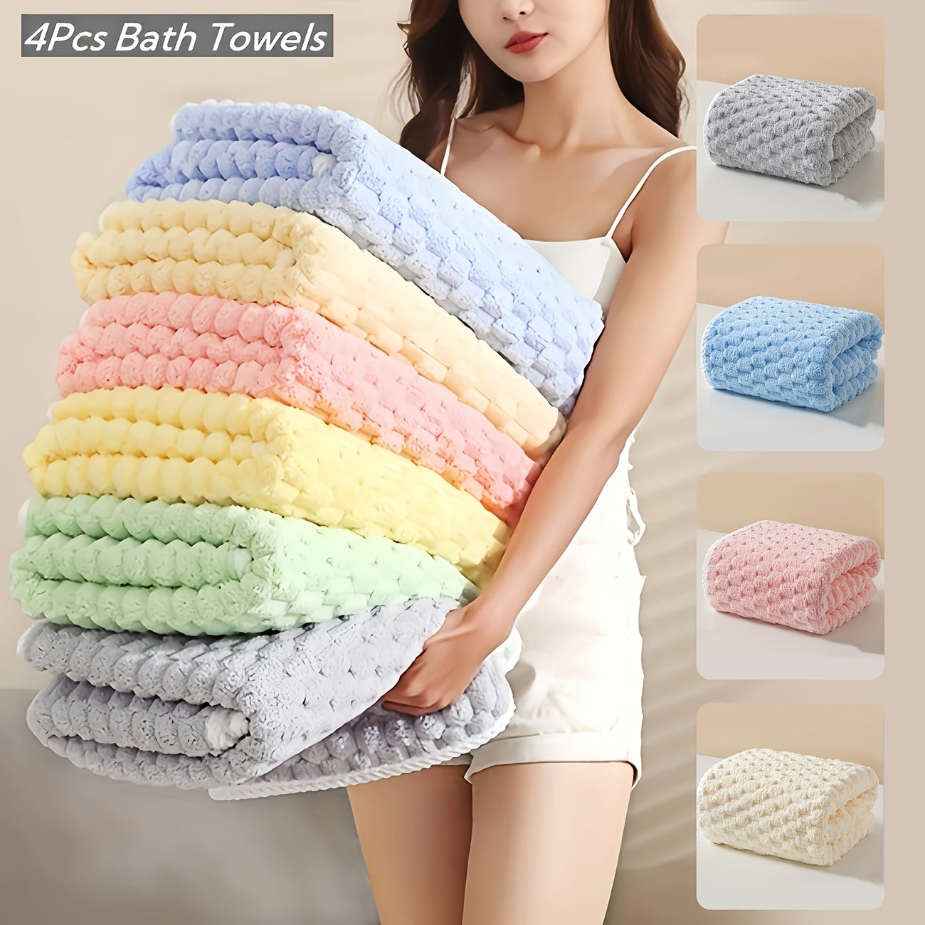 Pack Of 4 Waffled Super Soft Woven Bath Towels - Super Absorbent Quick-Drying Microfiber Towels For Adults - 80% Polyester, 20% Polyamide - Suitable For Spa, Fitness, Travel & Everyday Use - Perfec...