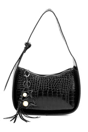 Women'S Black Crocodile Patterned Nickel Alloy Star And Pearl Accessory Baguette Bag