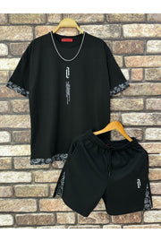 Men'S Black Vertical Printed Oversize T-Shirt Shorts
