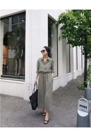 Linen Casual Casual Waist Lace Detailed Long Sleeve Dress Ln07khaki2 - Swordslife