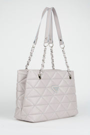 Crocos Light Gray Leather Quilted 3 Compartment Zipper Closure Chain Strap Lined Hand Arm And Shoulder Bag