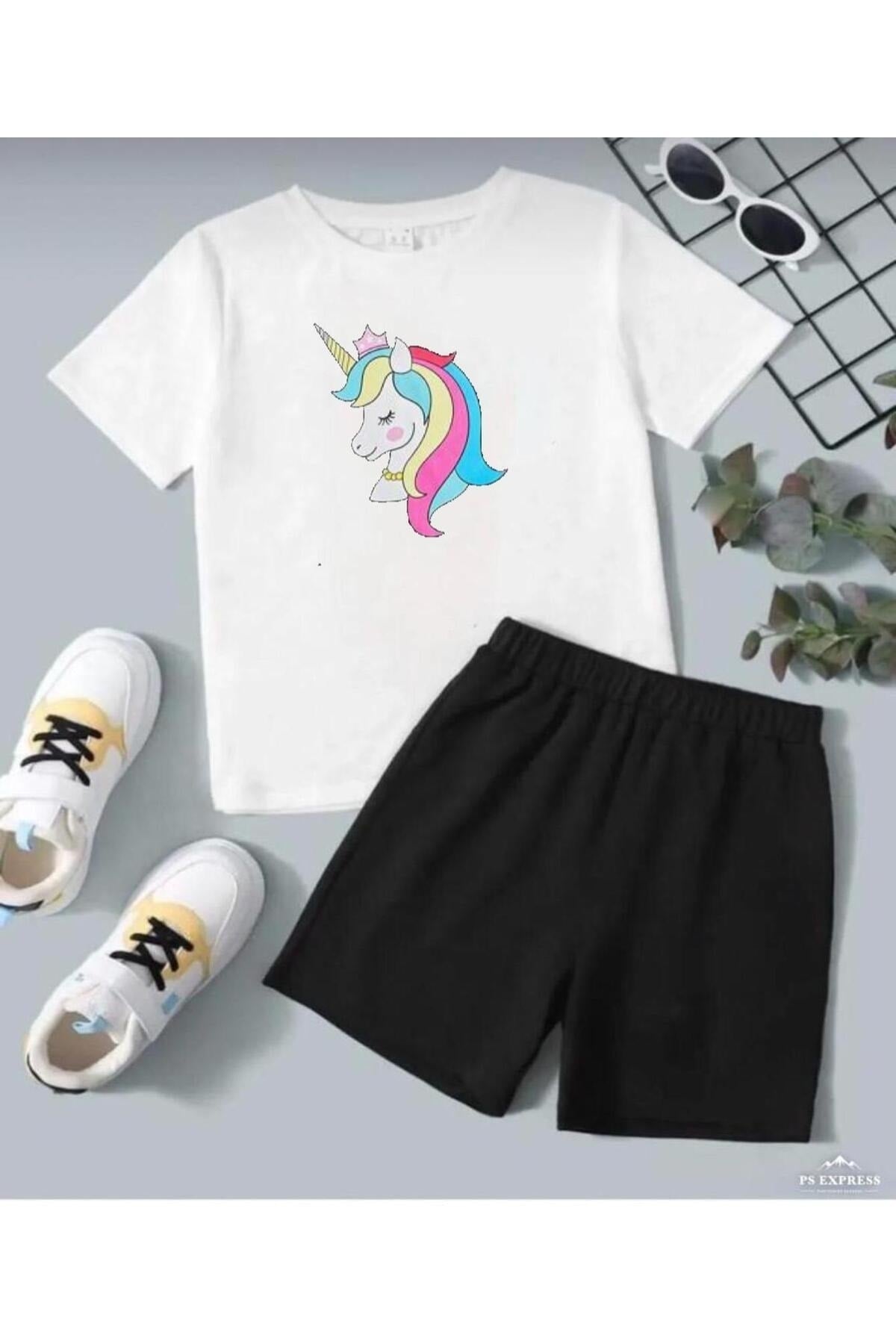 Girl Crown Unicorn Print Shorts Suit