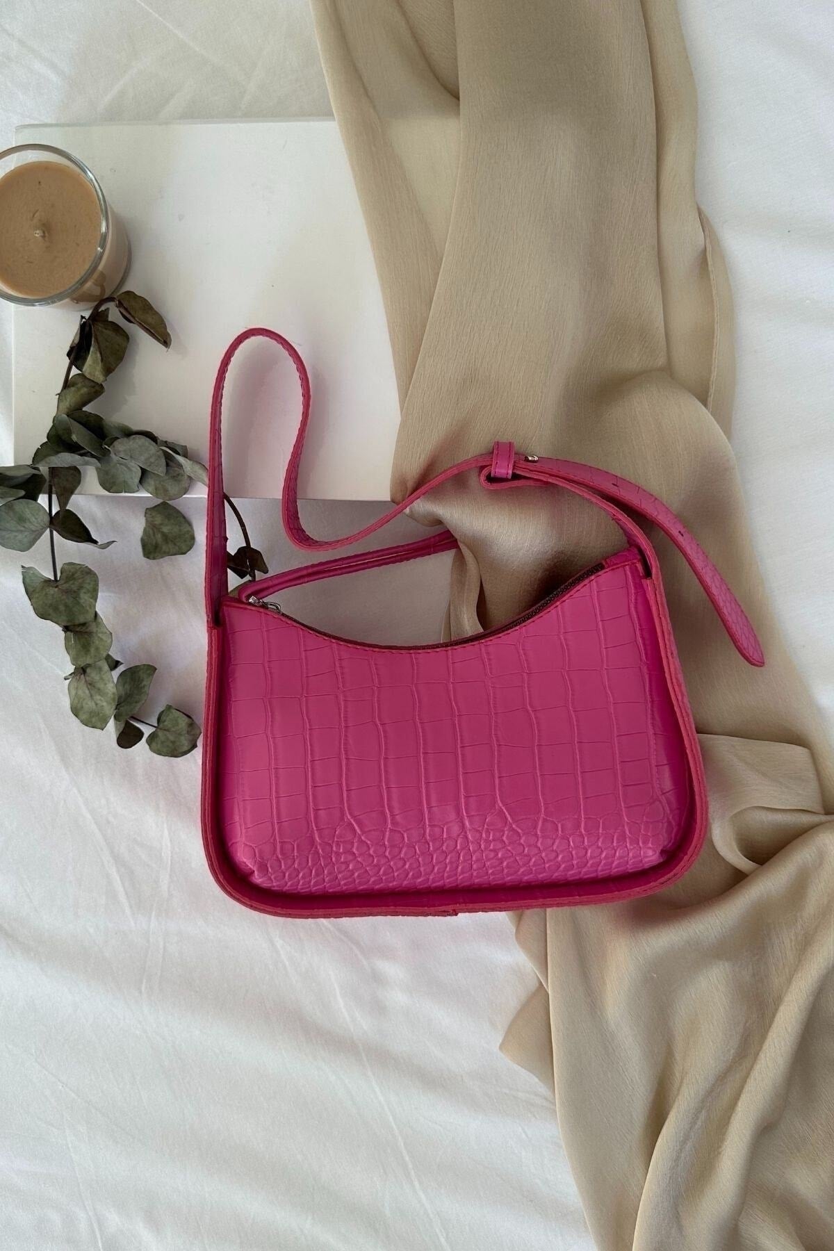 Ceyon Moda Women'S Crocodile Patterned Fuchsia Baguette Bag Akm-2