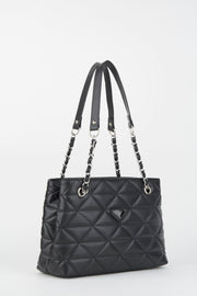 Crocos Black Quilted 3 Compartment Zipper Closure Lined Hand Arm And Shoulder Bag With Chain Strap