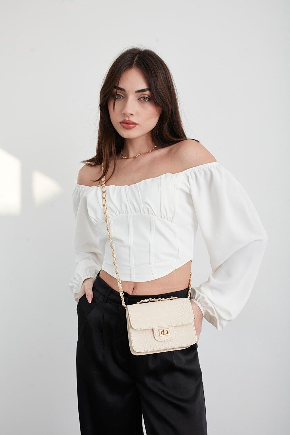 Cream Women'S Crocodile Patterned Mini Shoulder Bag