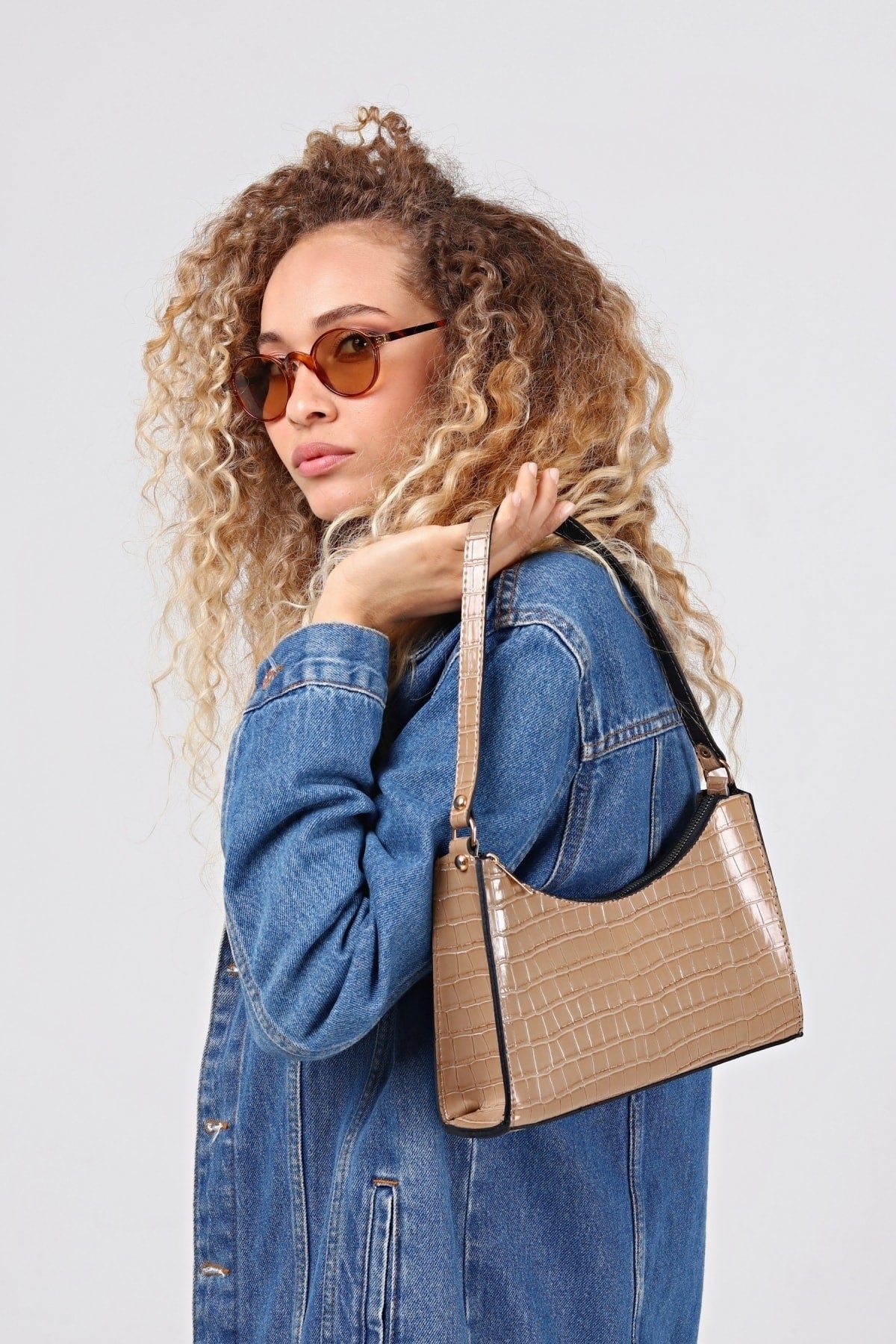 Mink Crocodile Patterned Baguette Baguette Hand And Shoulder Bag Gc009023K
