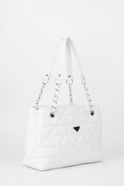 Crocos White Leather Quilted 3 Compartment Zipper Closure Lined Hand Arm And Shoulder Bag With Chain Strap