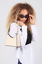 Cream Color Crocodile Patterned Baguette Baguette Hand And Shoulder Bag Gc009011K