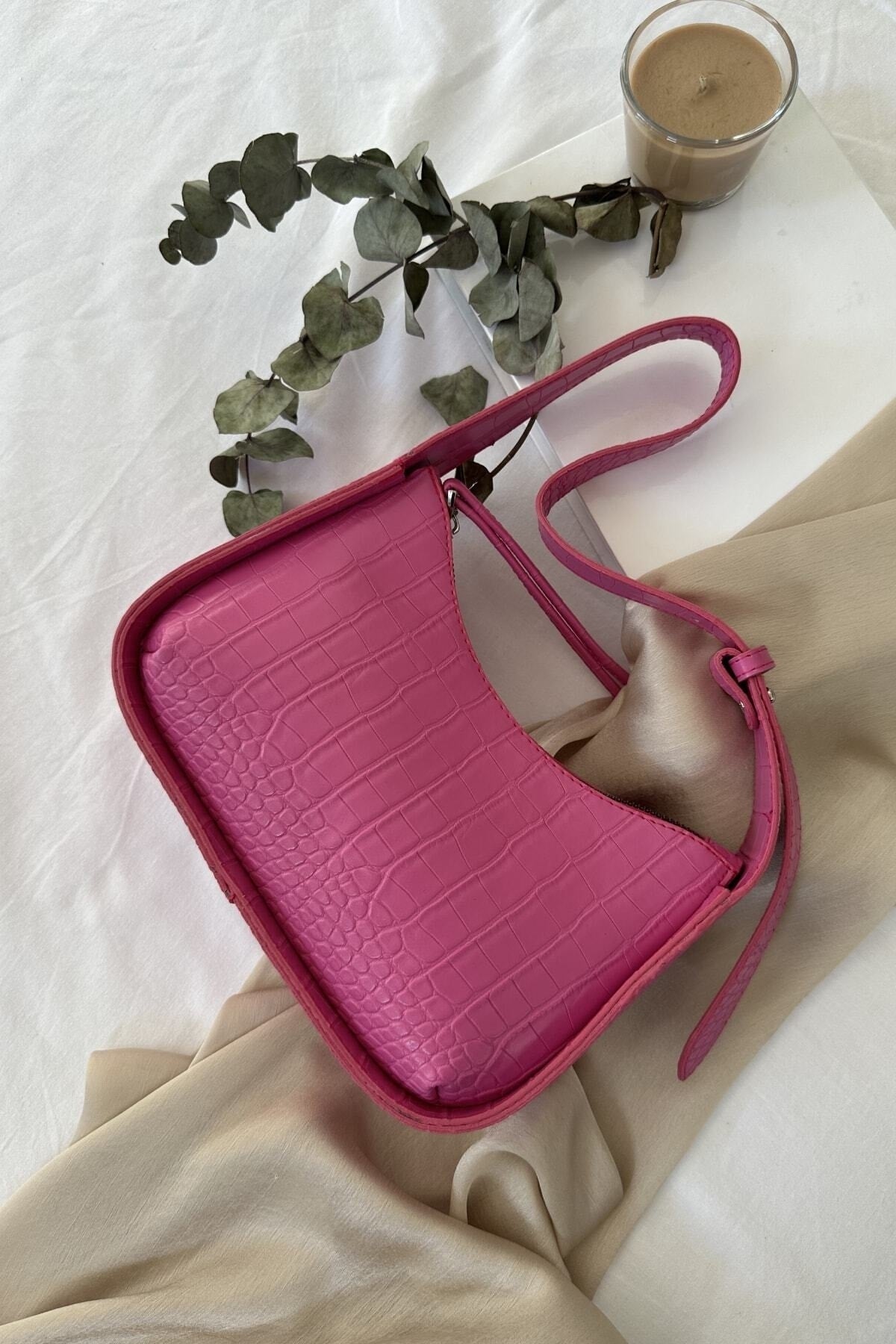 Ceyon Moda Women'S Crocodile Patterned Fuchsia Baguette Bag Akm-2