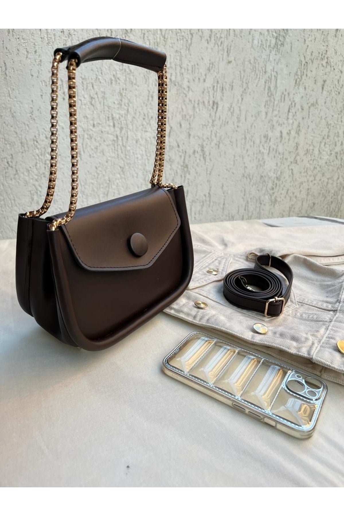 Women'S Brown Chain Baguette Bag