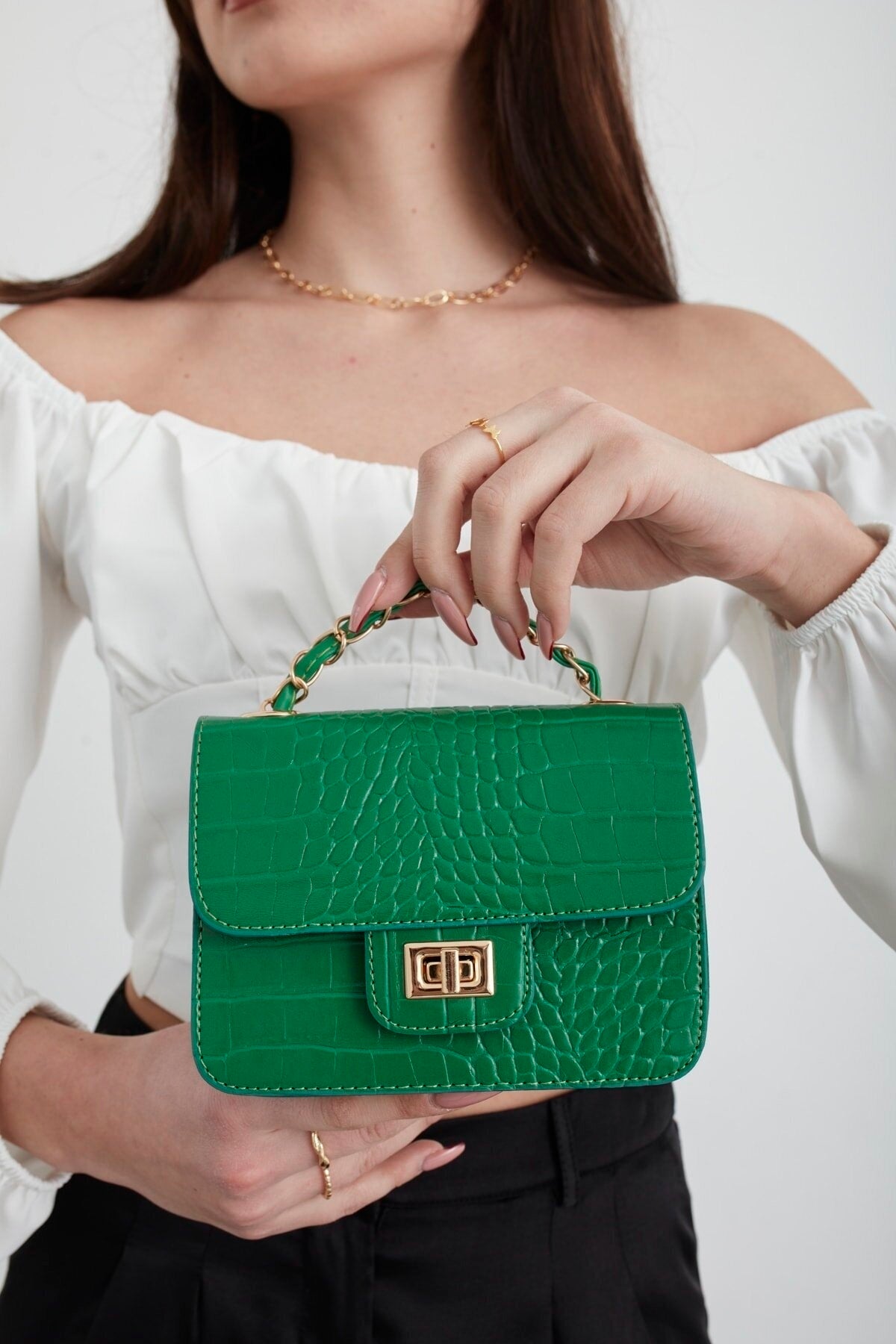 Green Women'S Crocodile Patterned Mini Shoulder Bag