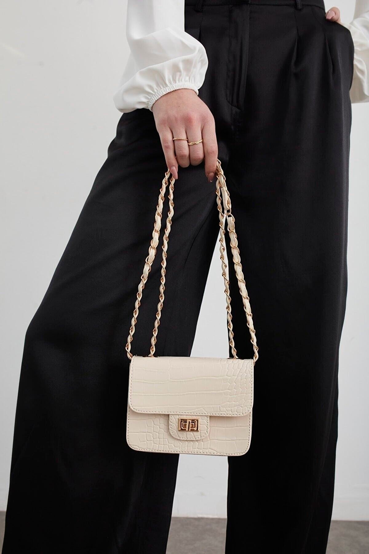 Cream Women'S Crocodile Patterned Mini Shoulder Bag