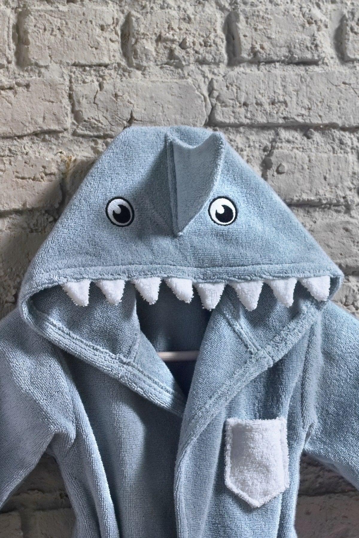 Blue Male Shark Child Bathrobe 100% Cotton Embroidered 2/4 Years Old - Swordslife