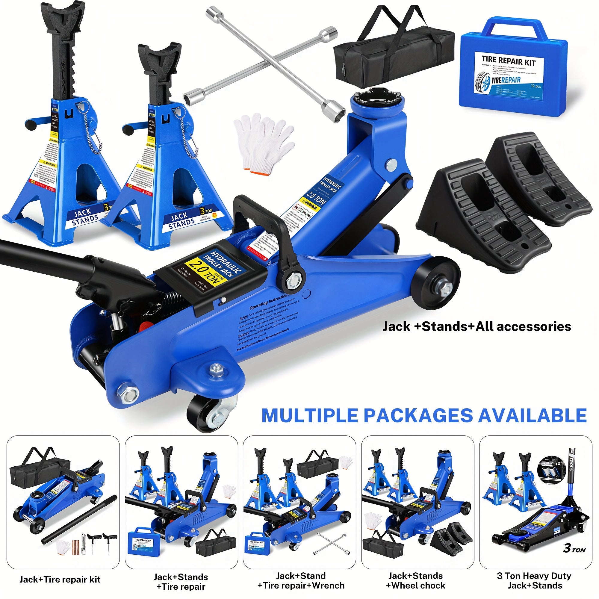 2/2.5/3 Ton Capacity Floor Car Jack Low Profile Garage Hydraulic Trolley Service Lift Floor Jack Combo with With 2 Ratchet 3 Ton Jack Stands, Tire Repair Kit, 14-inch Wheel Cross Wrench, Wheel Choc...
