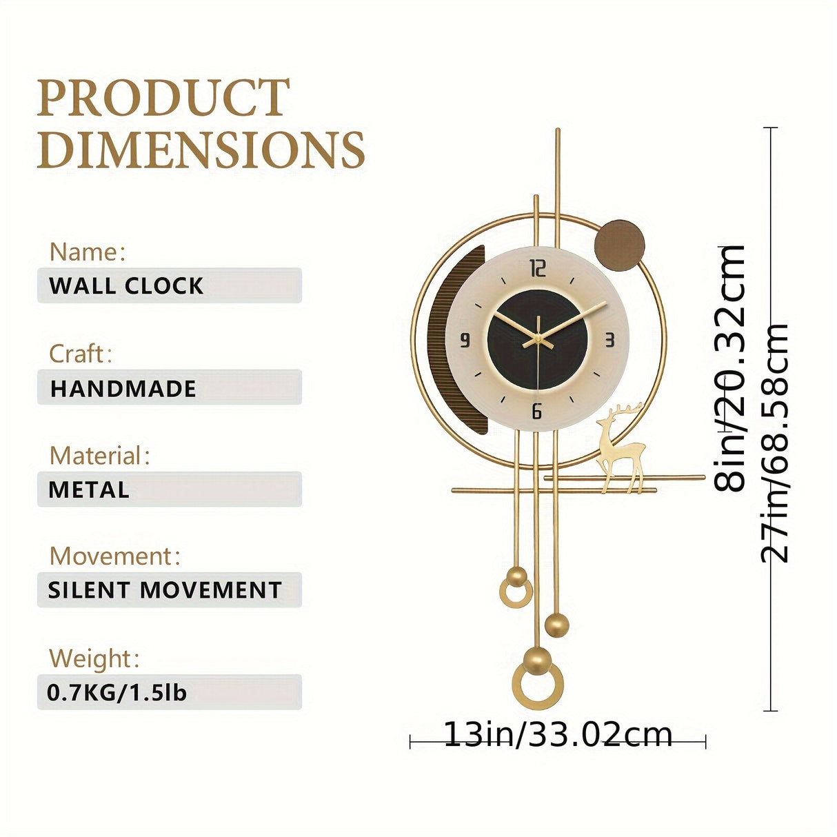 Modern Wall Clock for Living Room, Large Golden Decorative Wall Clock with Light, Creative Silent Clock Battery Operated for Kitchen/Entryway/Bedroom/Office/Dinning Room Metal Wall Decor