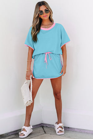 Turquoise Colorblock Edge Drop Shoulder T Shirt And Skort 2Pcs Set
