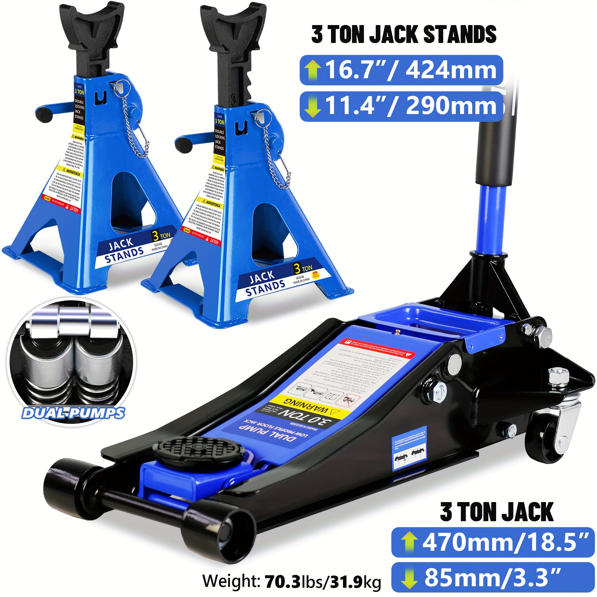 2/2.5/3 Ton Capacity Floor Car Jack Low Profile Garage Hydraulic Trolley Service Lift Floor Jack Combo with With 2 Ratchet 3 Ton Jack Stands, Tire Repair Kit, 14-inch Wheel Cross Wrench, Wheel...