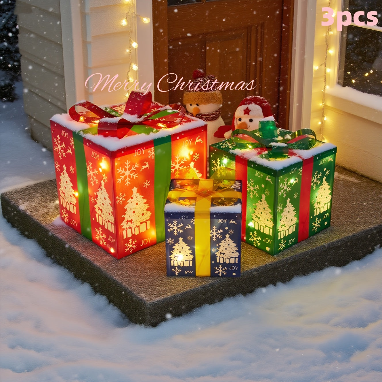 3pcs Lighted Christmas Gift Box Set with Warm LED Lights & Snowy Ribbon Bows