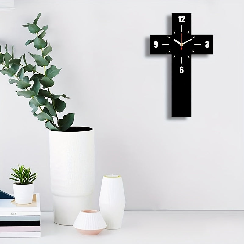 1pc Elegant Black Wooden Cross Wall Clock with Roman Numerals - Silent, Battery-Powered, Perfect for Home Decor or Gift, Home Wall Decor|Minimalist Design|Silent Operation, Wall Clock Decor