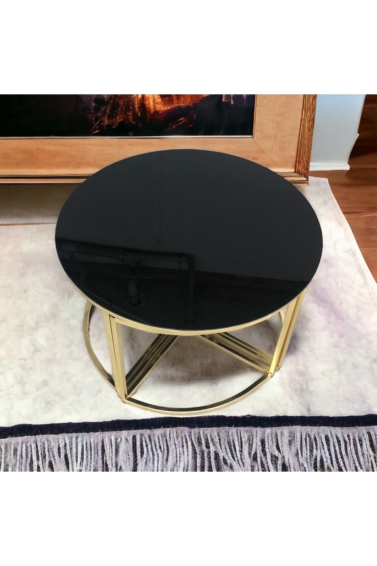 ORTA SEHPA PİZZA 4+1 GOLD KAPLAMA SİYAH TEMPERLİ CAMLI