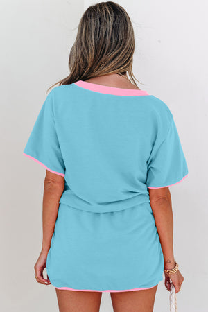 Turquoise Colorblock Edge Drop Shoulder T Shirt And Skort 2Pcs Set