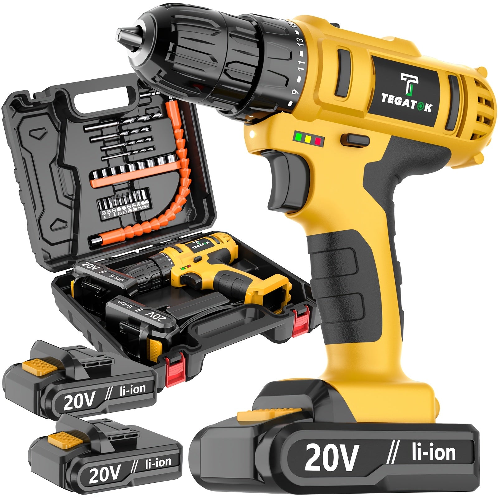 20V Cordless Drill Set, Impact Power Drill with 3/8 Inch Keyless Chuck, 18+3 Clutch Electric Drill with Work Light, Max Torque 45Nm, 2-Variable Speed & 2.0AH Batteries And Fast Charger, Bits Set...