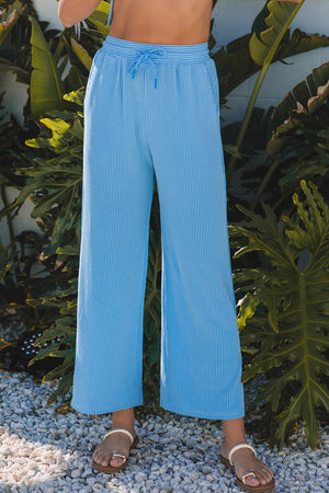 Blue Solid Corded Knit Short Sleeve T Shirt And Wide Leg Pants Set