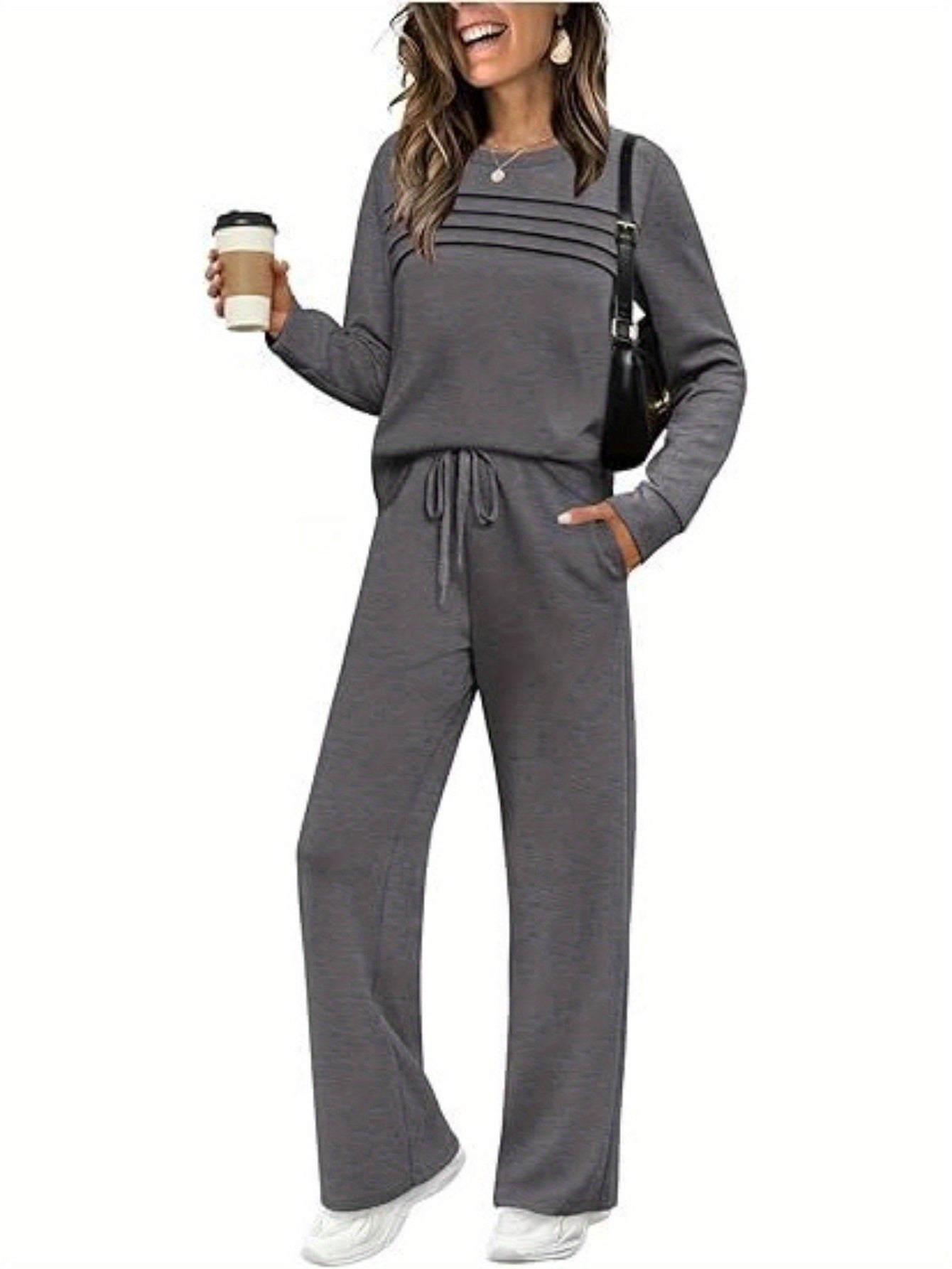 American Women's Pants Set Fashionable Long Sleeved Pants Set Casual Striped Top Pants 2pcs Set, Pant Suits for Women, White Pants for Women Elegant Classy, Ladies Pants Suit, Office Wear, Work Att...