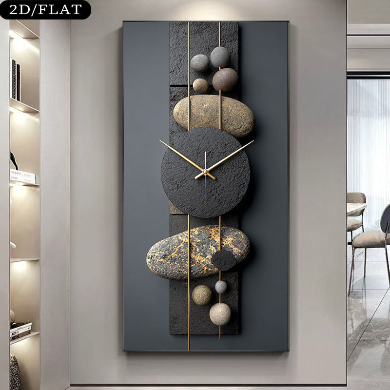 1pc Large Frameless Modern Wall Clock with Natural Stone Texture - Dark Grey/Black Marble-like Canvas Art Print, Golden Hands & Beige/Golden Horizontal Bars - Minimalist Oversized Timepiece for, Bedroom, Home Office Decor (80, 2D Flat
