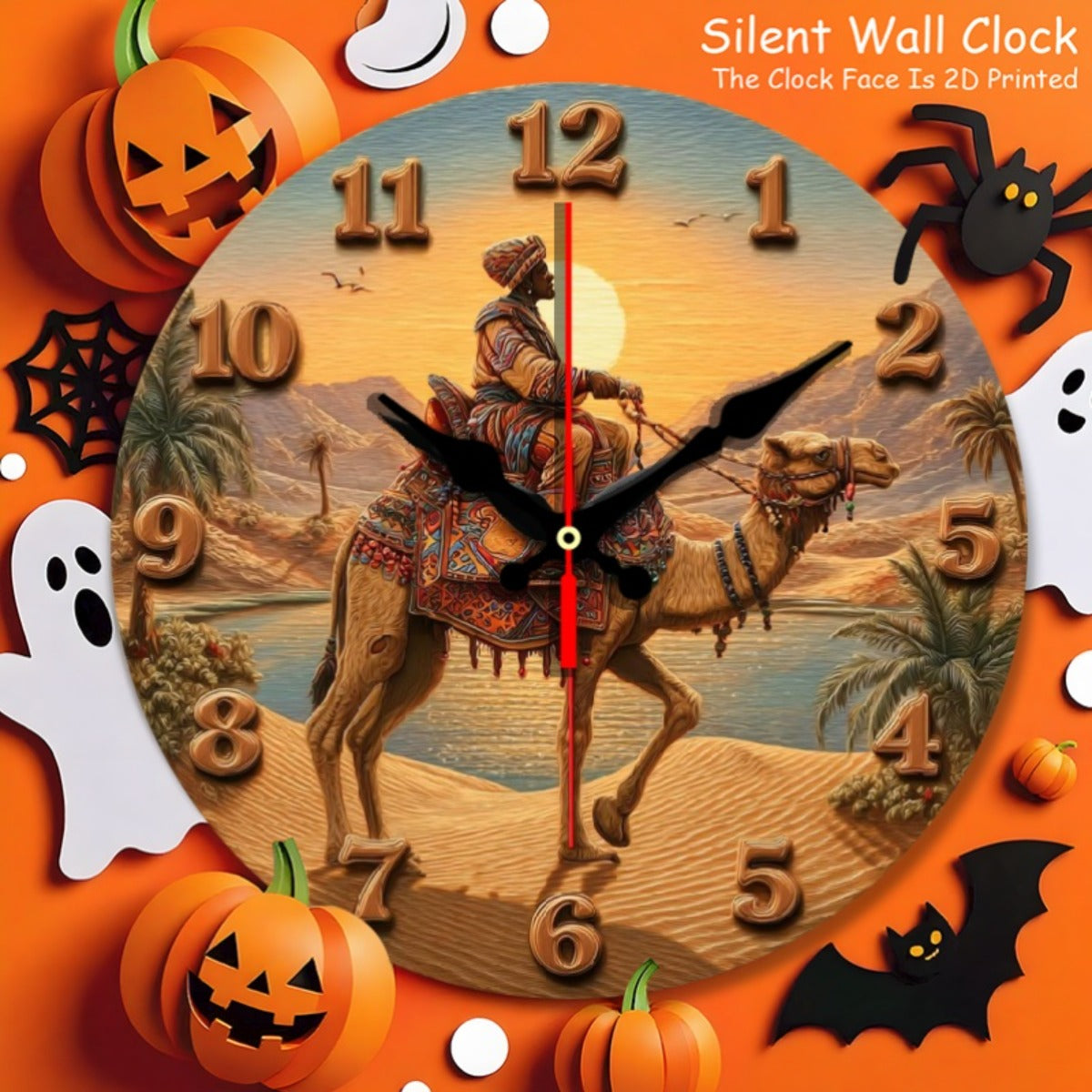 10inch Silent Non-Ticking Wall Clock- Vintage Arabian Desert Caravan with Camels, Travelers, and Palm Trees- Wooden Frame- Quartz Movement- Large Easy-to-Read Numbers- Moroccan/Southern Western Decor for Living Room, Bedroom, Office- Perfect Ha, 2D