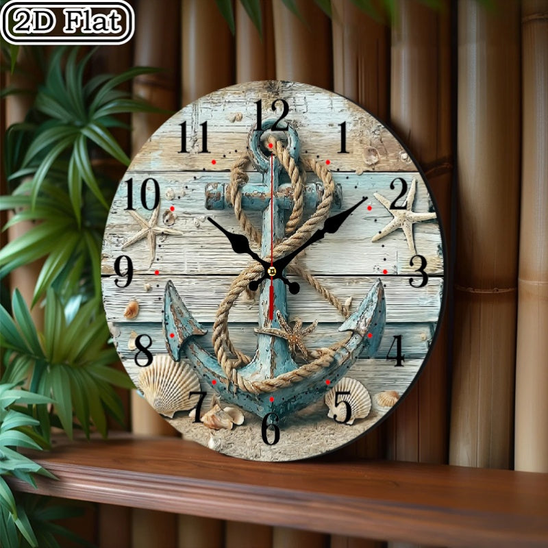 1pc Large 10x10 Inch Nautical Anchor Wooden Round Wall Clock - Silent Non-Ticking Battery Operated Farmhouse Style Coastal Decor with Anchor & Rope Design, Halloween Christmas Home Decoration Gift, Wall Clocks For Living Room, Wall Clocks For Living