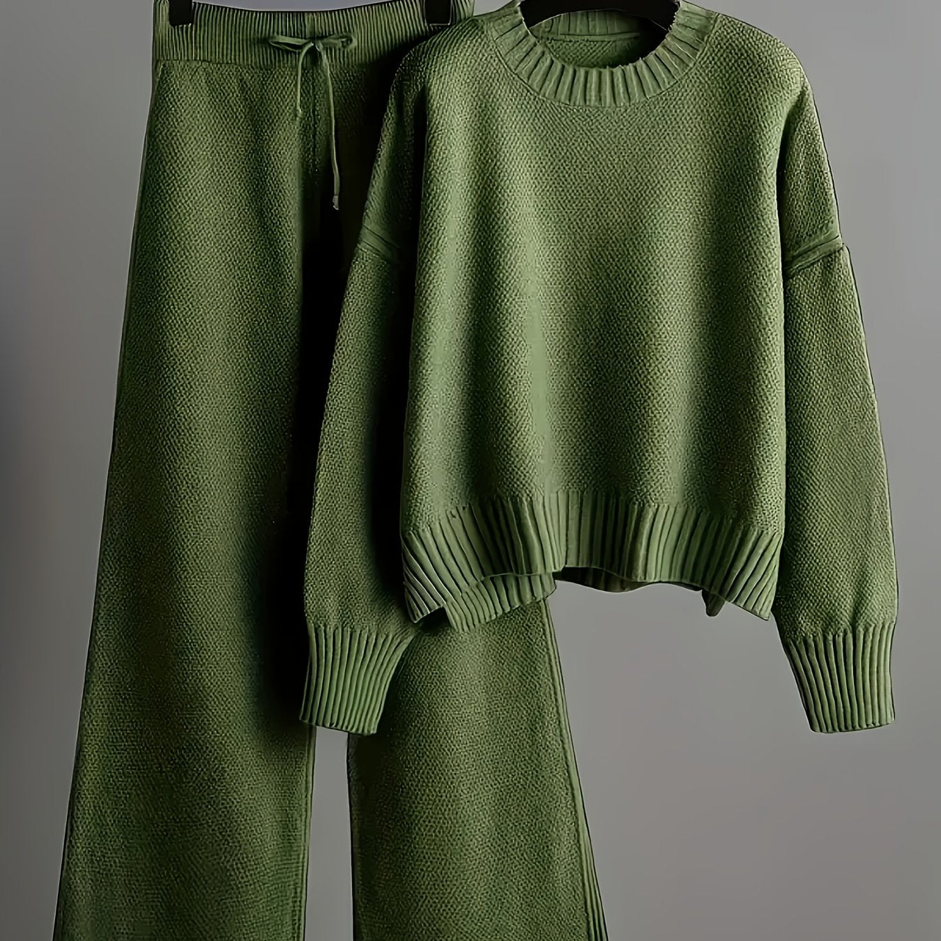Ladies' Early Autumn New Sweater Fashion Two-piece Set: Unique Pattern Round Neck Drop Shoulder Long Sleeve Pullover + Straight Wide Leg Pants Combination, Loose And Casual Series