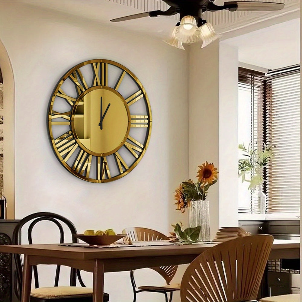 17.7in Round Golden Wall Mirror Clock With Roman Numerals Glam Decorative Wall Art For Living Room, Modern Accent Mirror Clock, Large Wall-Mounted Clock With Mirror, Stylish Home Decor Piece