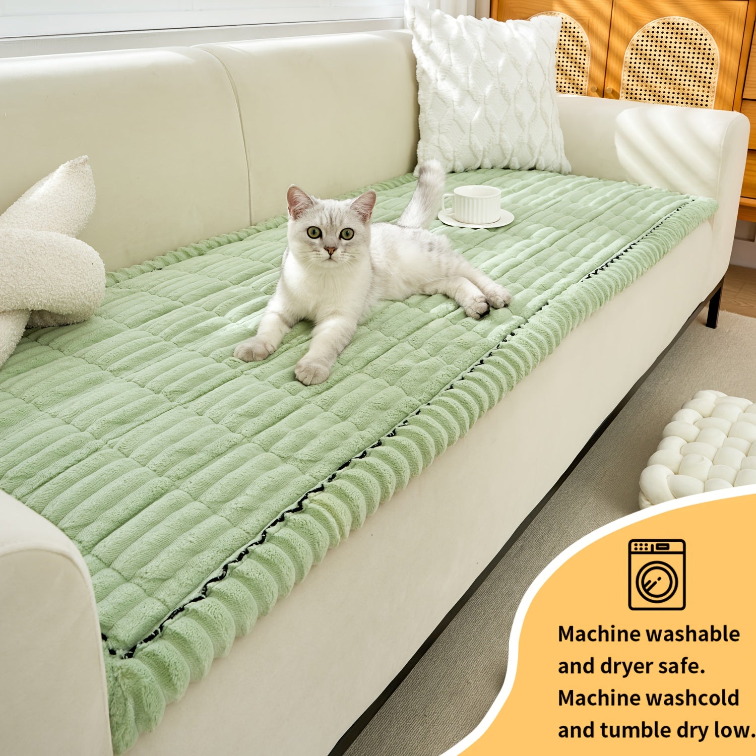 1pc Autumn and Winter Universal Thickened Warm Quilted & Drawstring Craft Flannel Non-Slip Sofa Cushion - Pet-Friendly, Machine Washable, Suitable for 3/4-Seater and Sectional Sofas, Perfect Gift f...