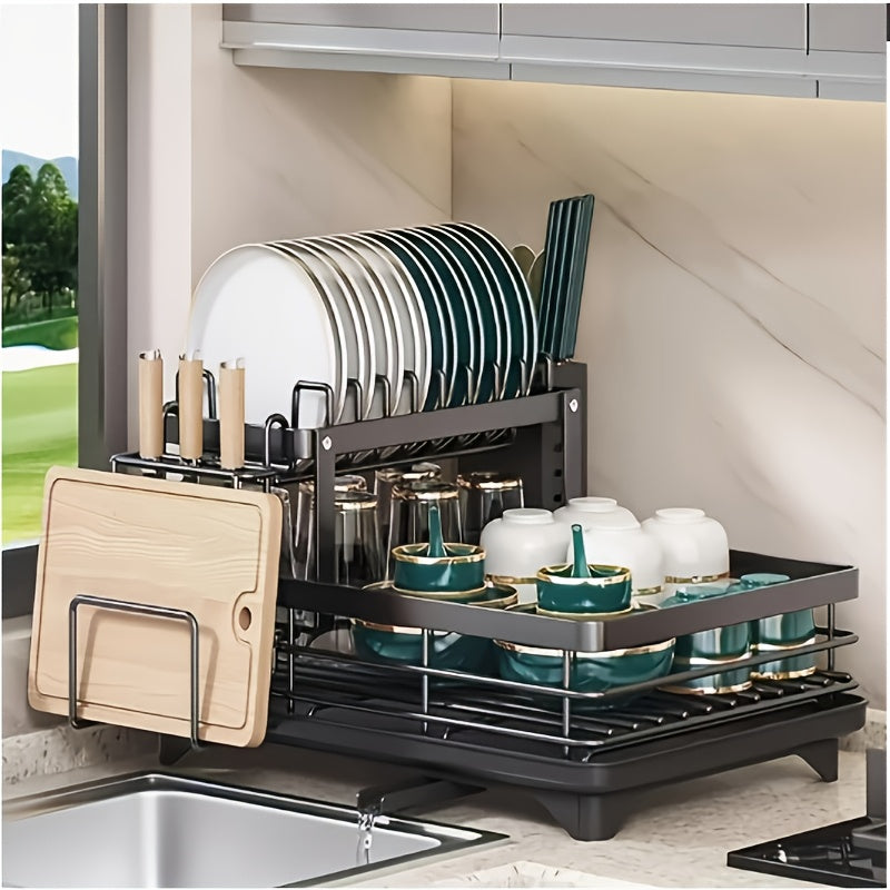 Double Tier Large Metal And Carbon Steel Cutlery Rack For Kitchen Countertop, Space Saving And Durable, With Knife, Fork And Cup Holders And Draining Board, Rustproof Large Two Tier Metal Cutlery...