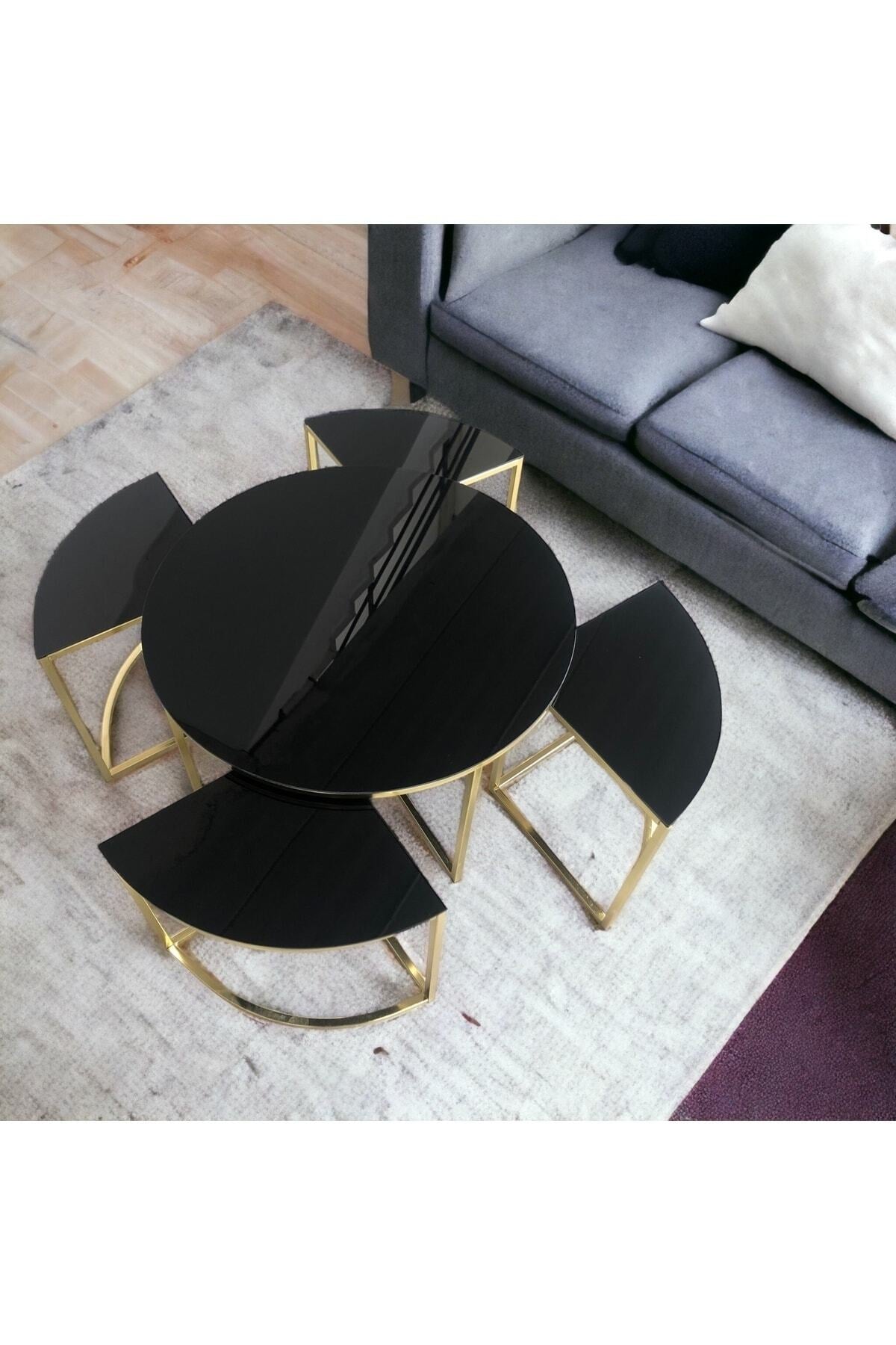 ORTA SEHPA PİZZA 4+1 GOLD KAPLAMA SİYAH TEMPERLİ CAMLI