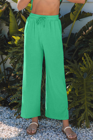Bright Green Solid Corded Knit Short Sleeve T Shirt And Wide Leg Pants Set
