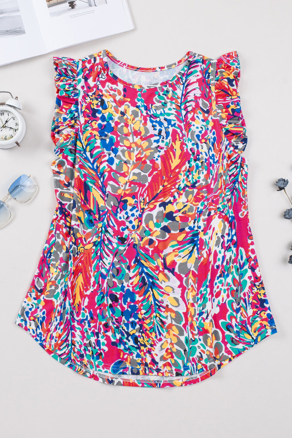 Rose Floral Print Tank Top With Ruffles