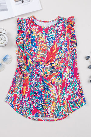 Rose Floral Print Tank Top With Ruffles