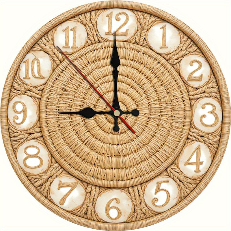 1pc 10 Inch Large Rattan Weave Wall Clock - Silent Non-Ticking (No AA Batteries) Vintage Country Rustic Round Clock with Beige/White Face, Black Hands & Golden Arabic Numerals for Home, Office,, Farmhouse -