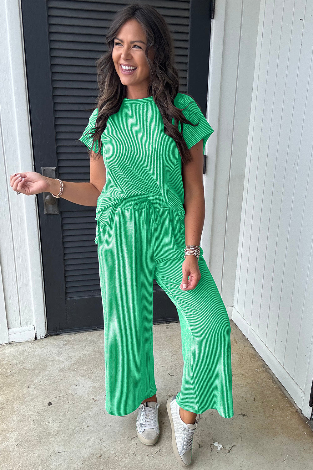 Bright Green Solid Corded Knit Short Sleeve T Shirt And Wide Leg Pants Set