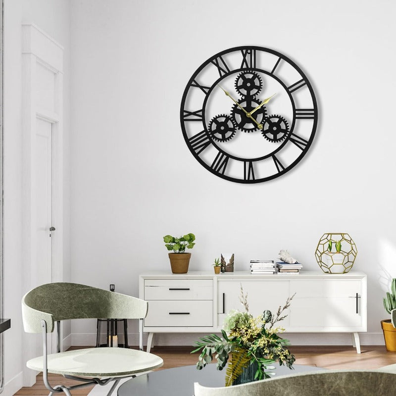 20 Inch Industrial Modern Metal Wall Clock with Oversized Roman Numerals & Golden Hands - Silent Non-Ticking Battery Operated Quartz Movement, Frame & Face - Farmhouse, Minimalist, Industrial Decor for Living Room, Bedroom, Kitchen