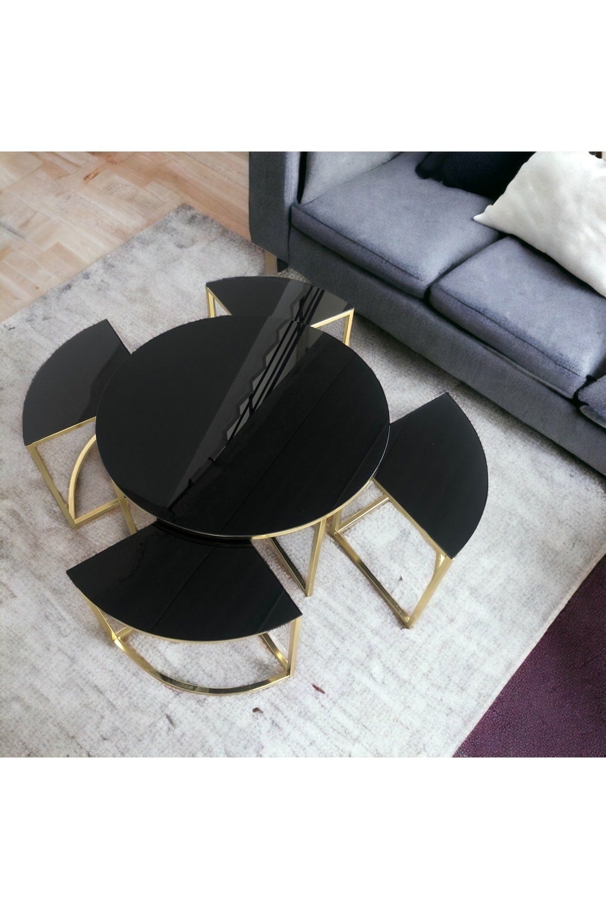 ORTA SEHPA PİZZA 4+1 GOLD KAPLAMA SİYAH TEMPERLİ CAMLI