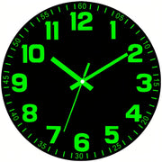 1pc 12 Inch Luminous Glow-in-the-Dark Wall Clock - Silent Non-Ticking Modern Minimalist Design with Black Face & Green Numbers, Flat Top Vinyl Battery Operated (AA Not Included) for Bedroom & Living Room Decor, Wall Clock for Bedroom