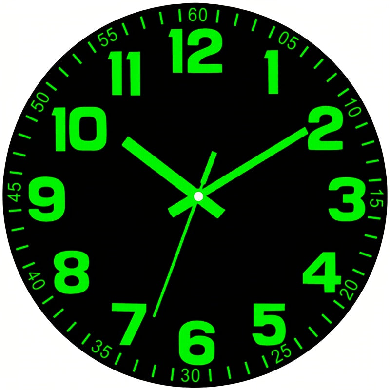 1pc 12 Inch Luminous Glow-in-the-Dark Wall Clock - Silent Non-Ticking Modern Minimalist Design with Black Face & Green Numbers, Flat Top Vinyl Battery Operated (AA Not Included) for Bedroom & Living Room Decor, Wall Clock for Bedroom