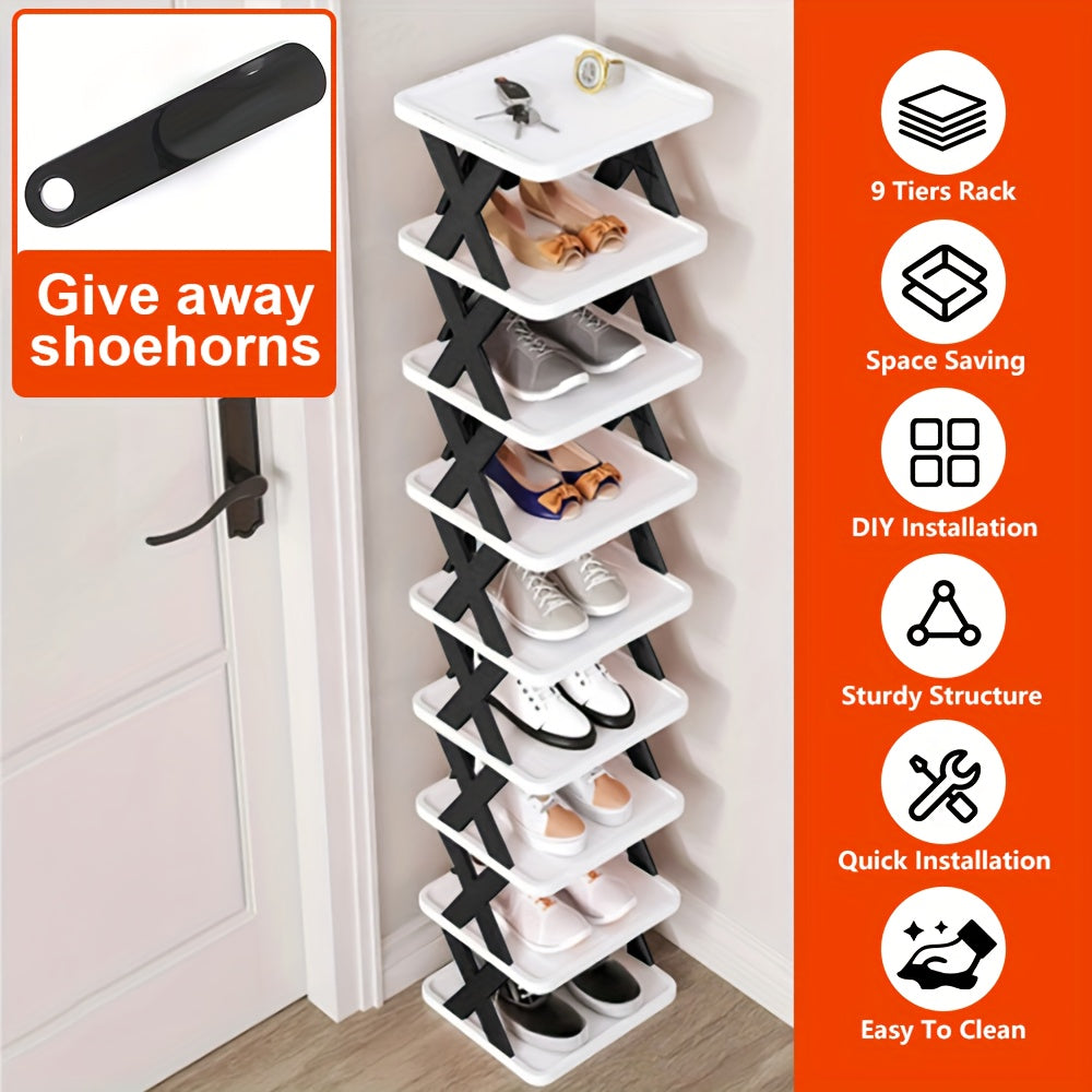9/6 Tier Shoe Rack, Give Away Shoehorns, For 9 Pairs Of Shoes, Space-Saving Shoe Rack, Shoe Rack For Entryway Storage, Closets, Hallways, College Dorm Essentials, Storage & Organization, Plastic St...