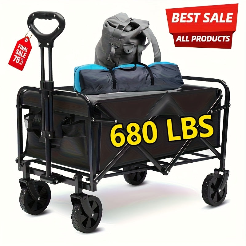 Heavy Duty All Terrain Folding Cart 220LBS/ 450LBS/ 680LBS | Large Capacity Camper Utility Cart for Yard Shopping, Sports, Outdoor, Gardening Equipment - Black Multifunctional