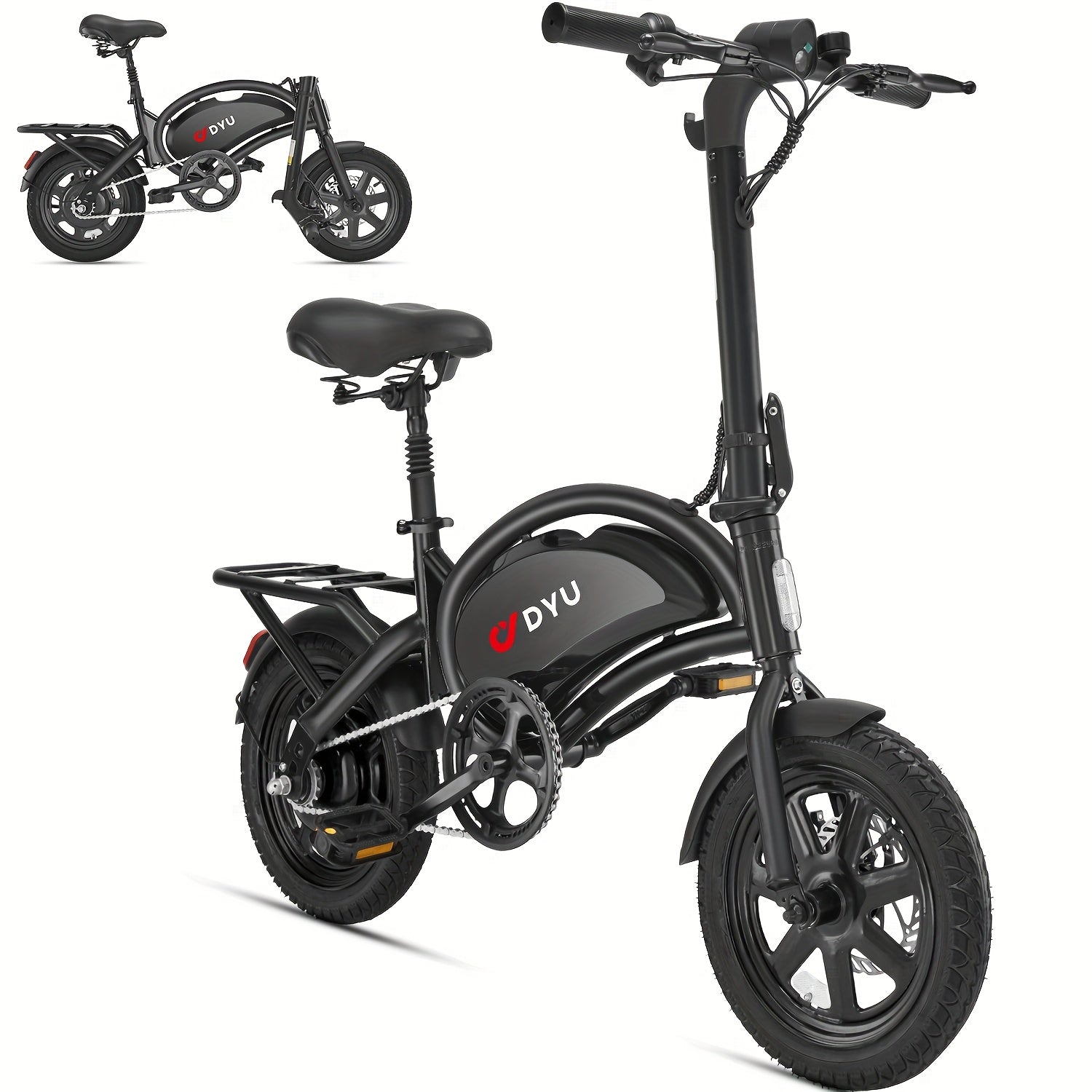 DYU D3F 14" Folding Electric Bike for Adults & Teens - 250W Motor, 36V 10AH Battery, 40-45 Mile Range, Front Headlight & Rear Brake Safety, Disc Brakes, Aluminum Wheels, Black Commuter E-Bike with ...
