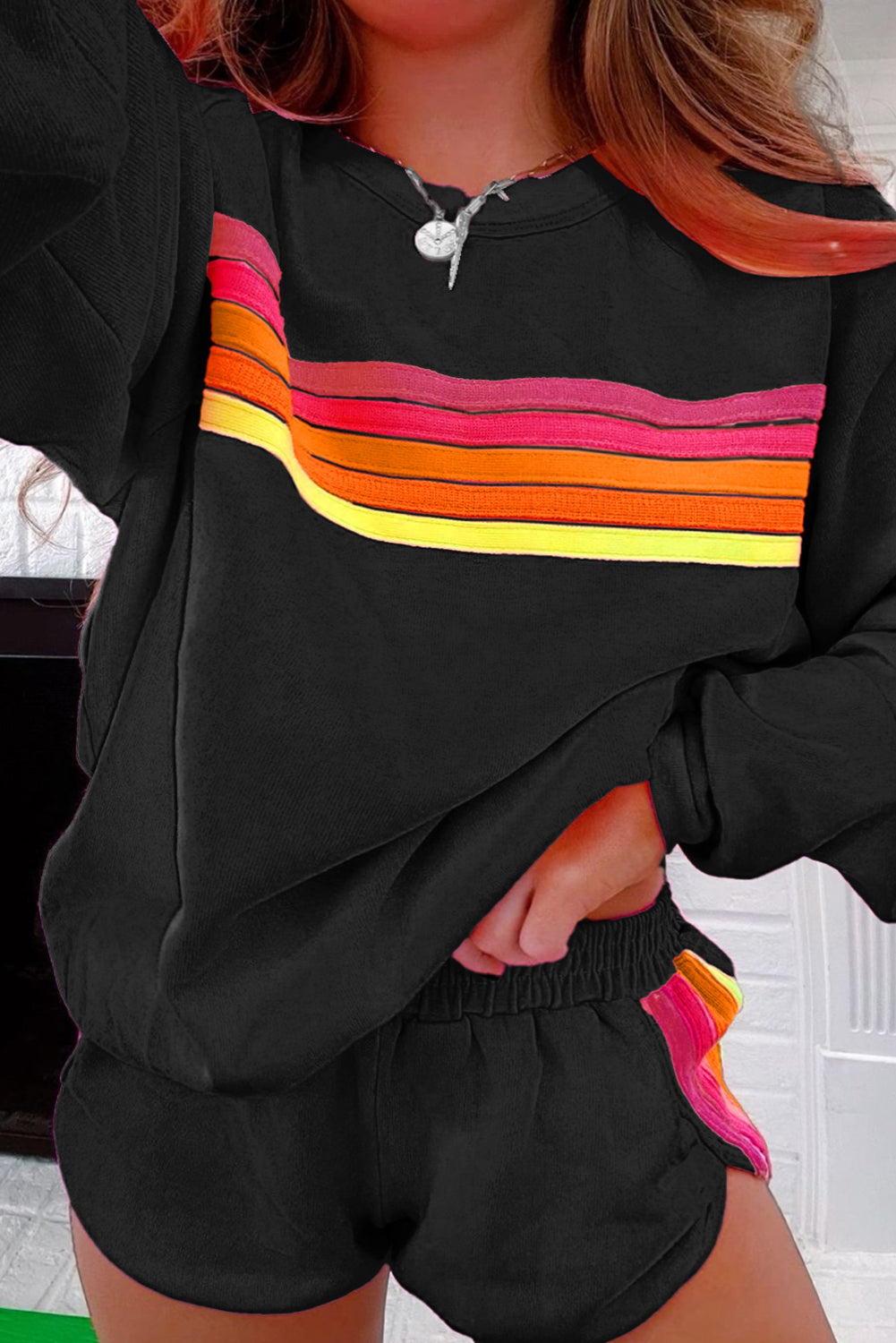 Black Striped Accent Pullover And Shorts Two Piece Casual Set