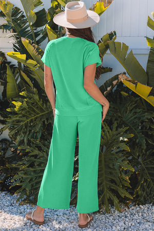 Bright Green Solid Corded Knit Short Sleeve T Shirt And Wide Leg Pants Set